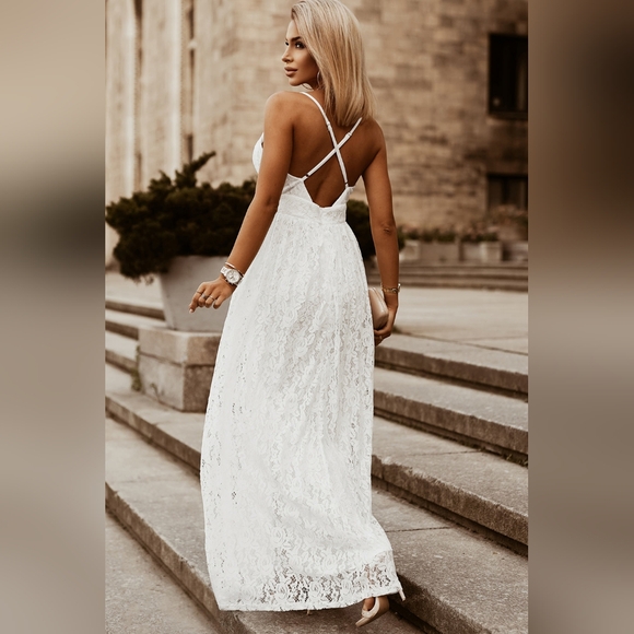 LAST ONE! White Lace Maxi Dress With V-Neck - Picture 2 of 6